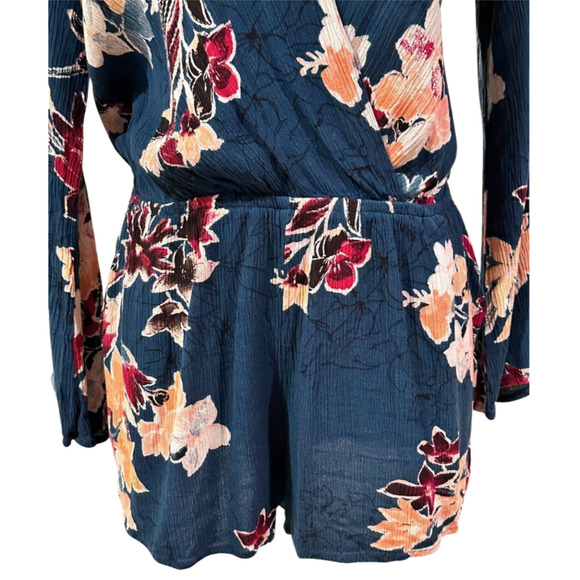 Lulus Teal Green Floral V Neck Faux Wrap Long Sleeve Romper Medium - Picture 3 of 10